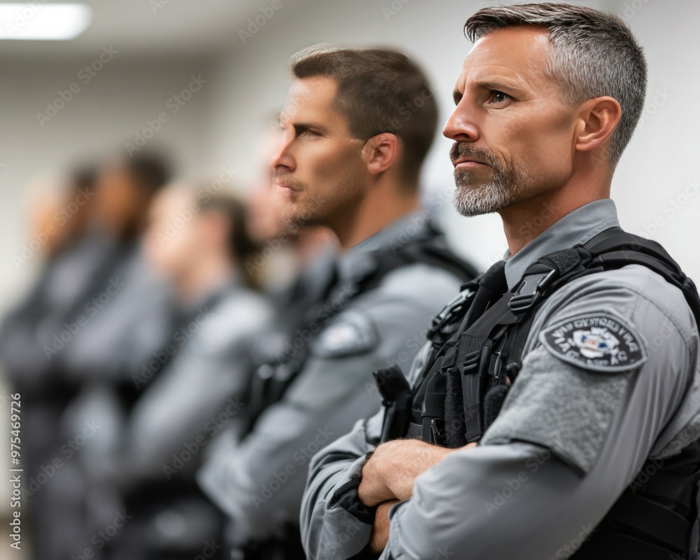 Group of focused police officers in tactical uniforms standing attentively, showcasing dedication and professionalism in law enforcement. Group of focused police officers in tactical uniforms standing attentively, showcasing dedication and professionalism in law enforcement.