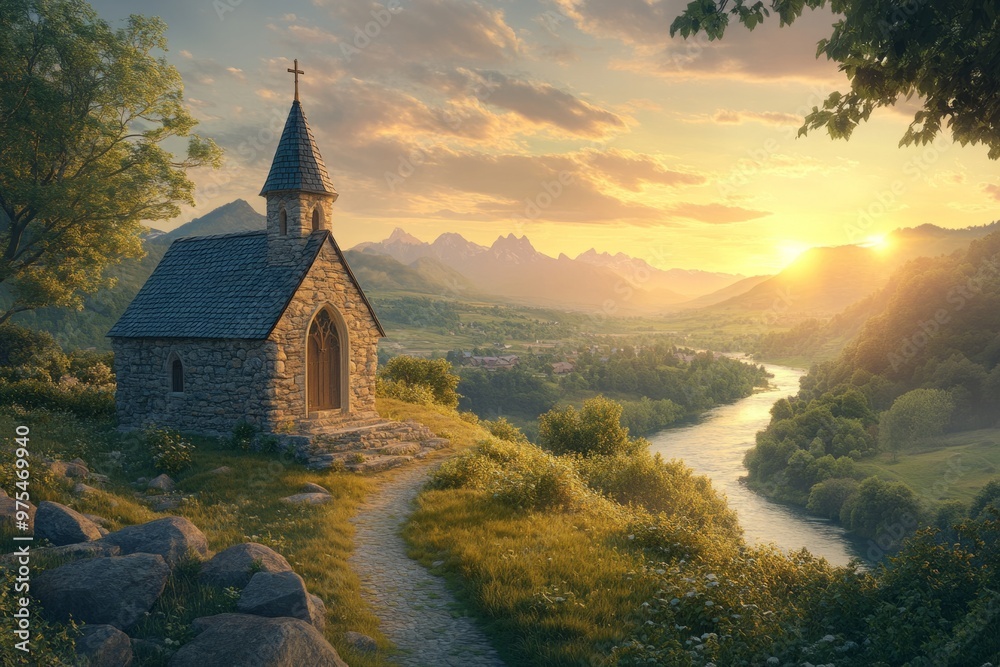 Fototapeta premium A serene stone chapel stands by a gentle river. The warm sunlight enhances the lush green hills. Nature meets tranquility in this peaceful landscape. Generative AI