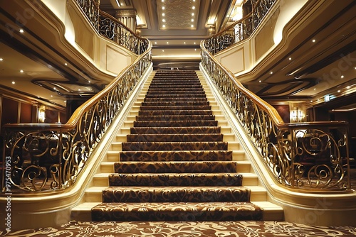 Luxurious hotel interior with grand staircase and rich decor, high resolution.