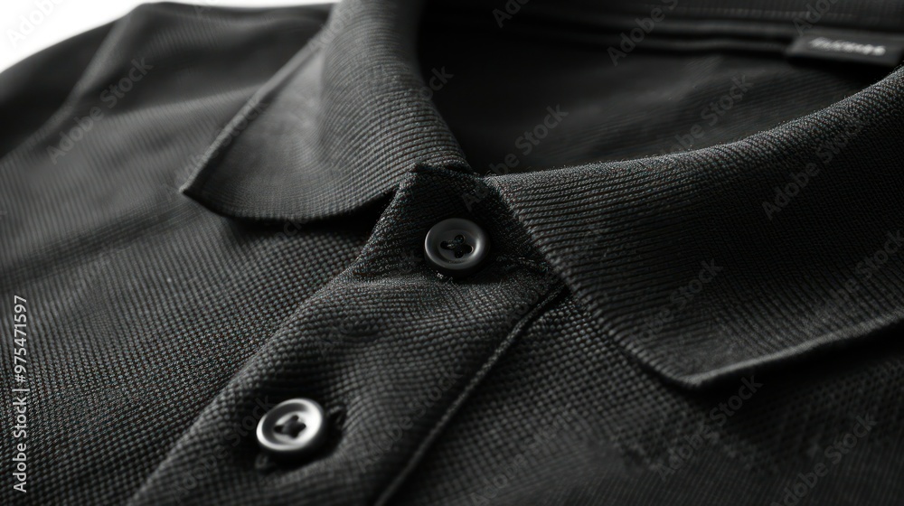 Closeup of black polo shirt collar button detail on white background . Concept Fashion, Studio Photography, Men's Wear, Clothing Details, Classic Style Closeup of black polo shirt collar button detail on white background . Concept Fashion, Studio Photography, Men's Wear, Clothing Details, Classic Style