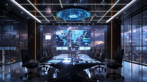 A high-tech business meeting room with digital dashboards and immersive data visualization tools. 32k, full ultra hd, high resolution