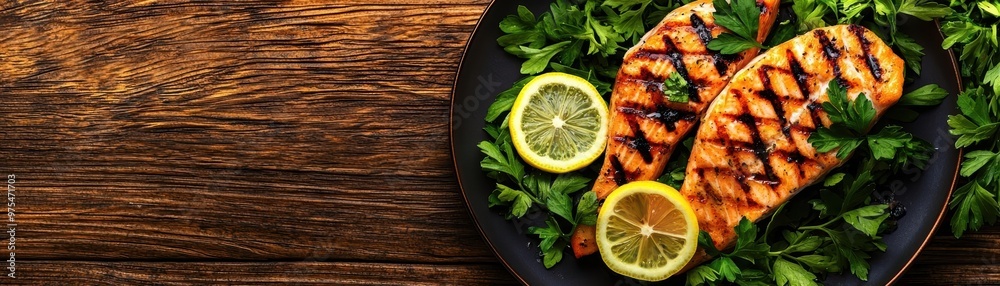Grilled salmon fillet on a bed of fresh greens, garnished with lemon slices, showcasing a vibrant and healthy meal. Grilled salmon fillet on a bed of fresh greens, garnished with lemon slices, showcasing a vibrant and healthy meal.