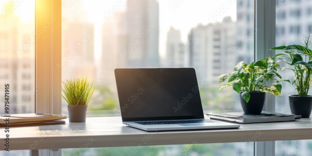 Modern office workspace with a laptop, stationary, and plants on a desk, with large windows and city skyline view in the background. Modern office workspace with a laptop, stationary, and plants on a desk, with large windows and city skyline view in the background.