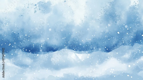 Abstract watercolor painting of a winter sky with falling snow.