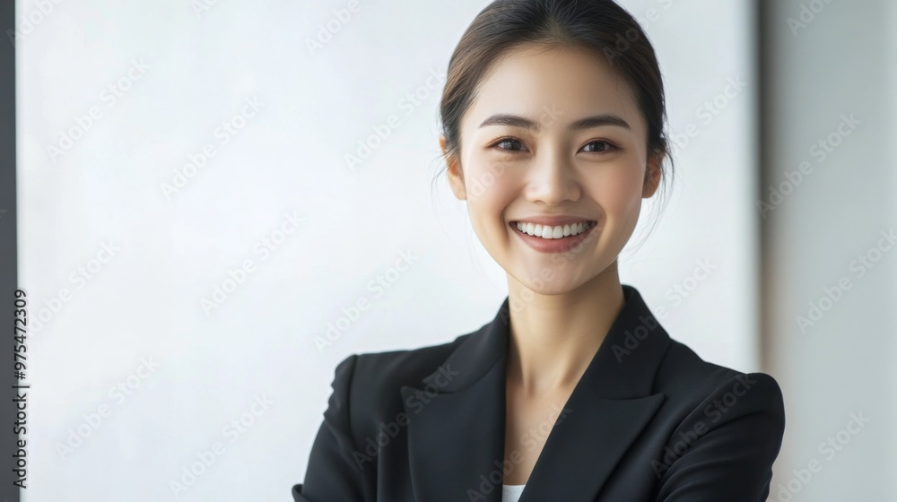 A Smiling Asian woman in black business attire radiates professionalism and approachability, with her well lit face showcasing expressions of confidence and poise on white background A Smiling Asian woman in black business attire radiates professionalism and approachability, with her well lit face showcasing expressions of confidence and poise on white background