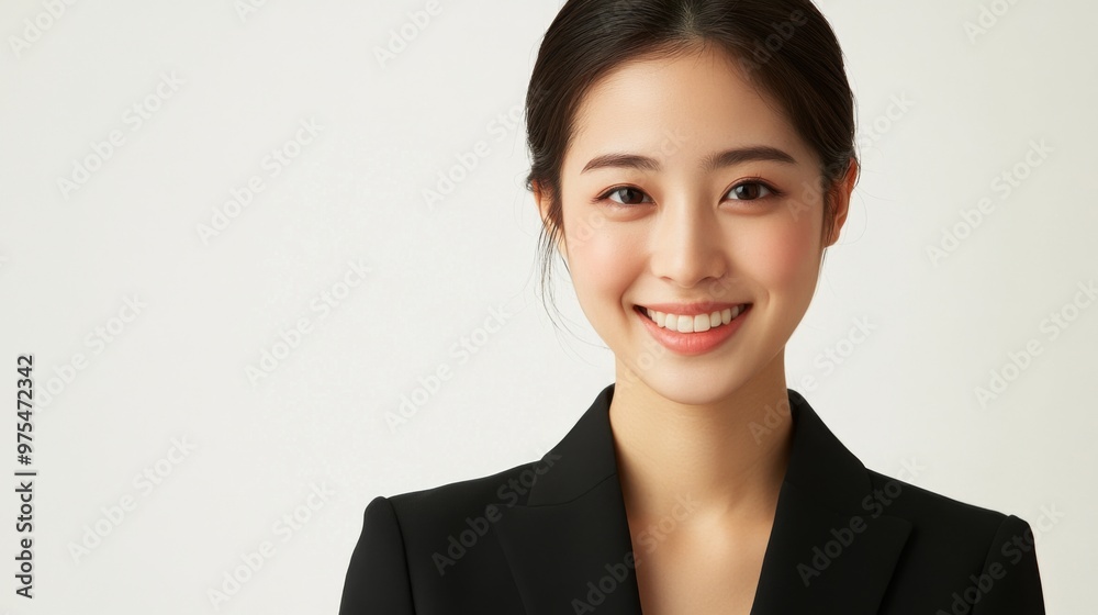 A Smiling Asian woman in black business attire radiates professionalism and approachability, with her well lit face showcasing expressions of confidence and poise on white background A Smiling Asian woman in black business attire radiates professionalism and approachability, with her well lit face showcasing expressions of confidence and poise on white background