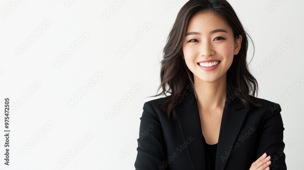 A Smiling Asian woman in black business attire radiates professionalism and approachability, with her well lit face showcasing expressions of confidence and poise on white background A Smiling Asian woman in black business attire radiates professionalism and approachability, with her well lit face showcasing expressions of confidence and poise on white background