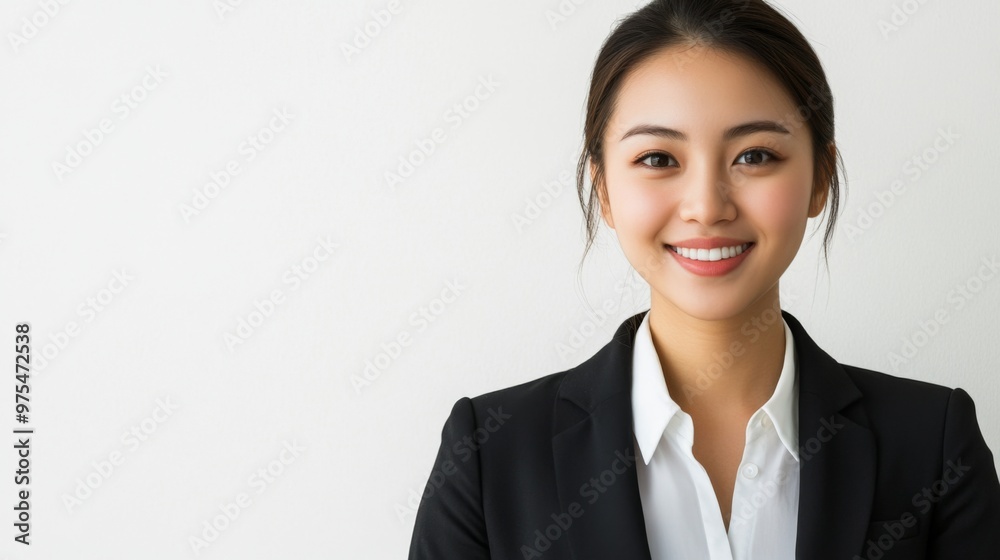 A Smiling Asian woman in black business attire radiates professionalism and approachability, with her well lit face showcasing expressions of confidence and poise on white background A Smiling Asian woman in black business attire radiates professionalism and approachability, with her well lit face showcasing expressions of confidence and poise on white background