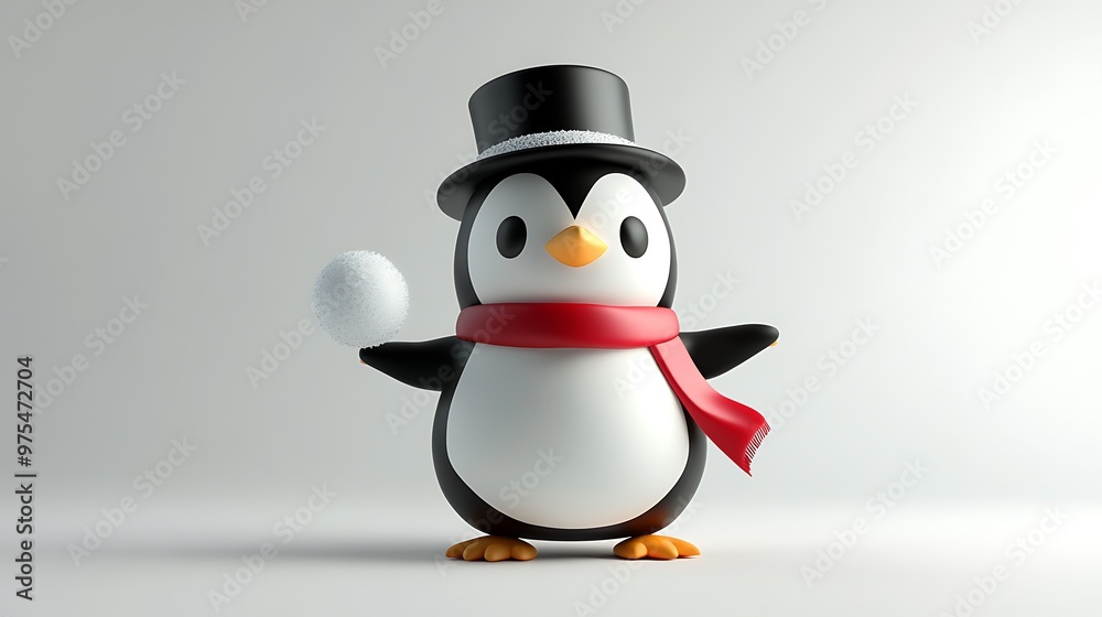 Fototapeta premium Charming Chibi Penguin 3D Rendering in Cartoon Style with Red Scarf and Top Hat Holding Snowball - Blind Box Toy Design Concept