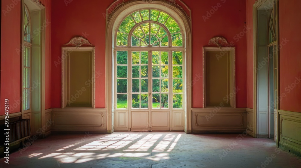 An empty room with a large arched window and a pink wall, sunlight streaming through the window. An empty room with a large arched window and a pink wall, sunlight streaming through the window.