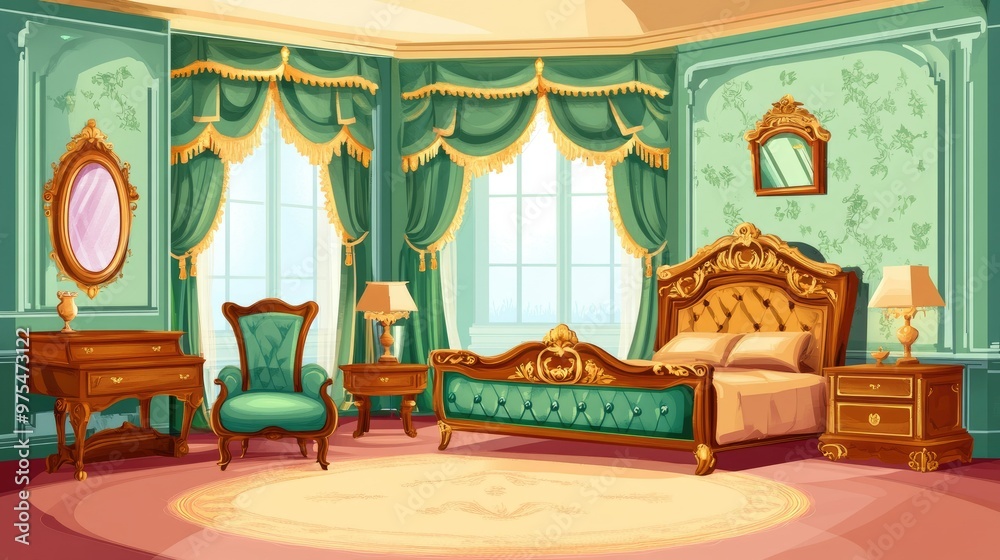 An illustration of a luxurious bedroom with a large bed, ornate furniture, and large windows. An illustration of a luxurious bedroom with a large bed, ornate furniture, and large windows.