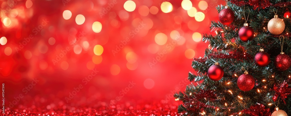 Christmas tree with red and gold ornaments and a bokeh background of red and gold. Christmas tree with red and gold ornaments and a bokeh background of red and gold.