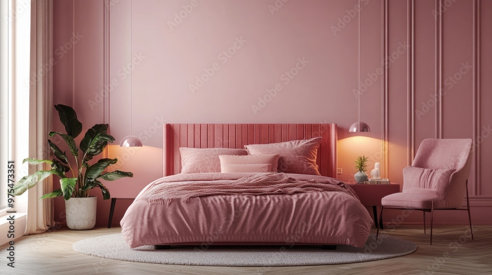 Pink bedroom with a bold pink feature wall, pink bedding, and modern pink lighting for a chic look. Pink bedroom with a bold pink feature wall, pink bedding, and modern pink lighting for a chic look.