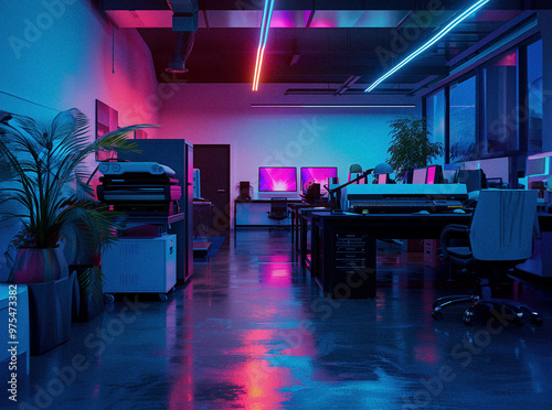 Modern design studio with printing machines. Colorful neon light. Printing techniques creation company. photo