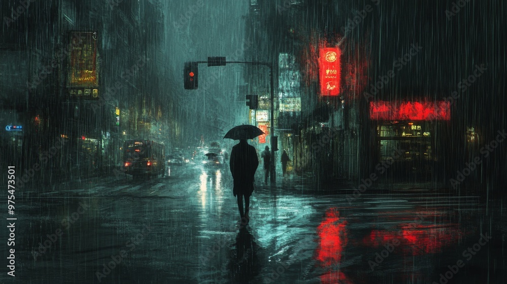 A solitary figure traverses a rain-soaked street, embodying a sense of isolation amid a captivating, melancholic backdrop A solitary figure traverses a rain-soaked street, embodying a sense of isolation amid a captivating, melancholic backdrop