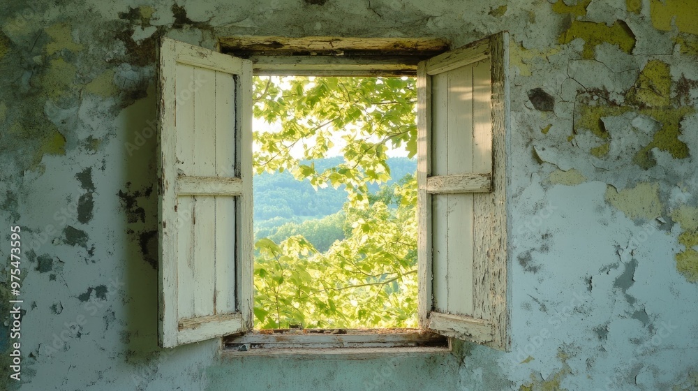 An open window with white shutters reveals a lush green forest and distant hills in the background. The window is set in a crumbling wall, adding to the sense of time and decay.