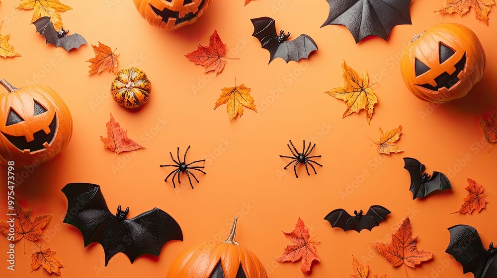 An orange background with jack-o-lanterns, bats, spiders, and fall leaves arranged in a flat lay. An orange background with jack-o-lanterns, bats, spiders, and fall leaves arranged in a flat lay.