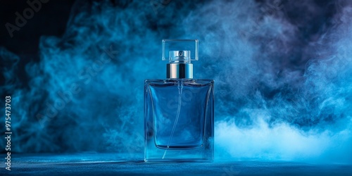 Blue and Black Cologne Bottle Centered on Reflective Black Glass Surface with Abstract Swirling Blue and Black Smoke Background