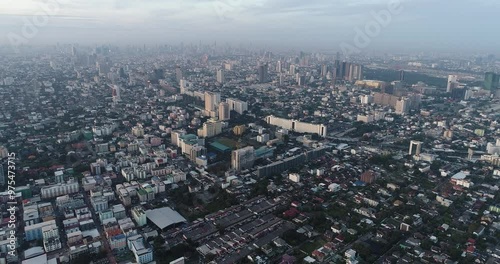Wallpaper Mural Aerial view morning sunrise modern office building transport road with fog smoke Bangkok Thailand Torontodigital.ca