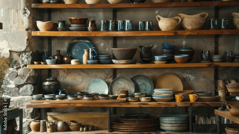 Handcrafted pottery displayed on wooden shelves in a cozy, rustic setting, showcasing artisanal craftsmanship. Handcrafted pottery displayed on wooden shelves in a cozy, rustic setting, showcasing artisanal craftsmanship.