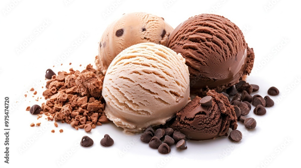 Ice cream scoops ball chocolate vanilla chocolate chip coffee milk based dessert isolated background Ice cream scoops ball chocolate vanilla chocolate chip coffee milk based dessert isolated background