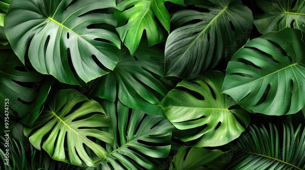 Close up of lush green tropical leaves, creating a natural, organic background pattern. Close up of lush green tropical leaves, creating a natural, organic background pattern.