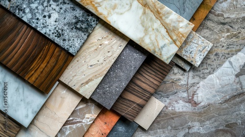 interior design material sample moodboard with luxury surfaces like marble and wood.