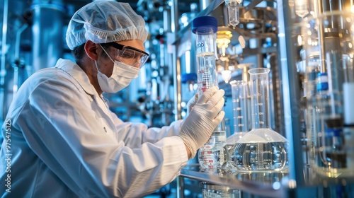 Lab technician monitors bioreactor vessels in pharmaceutical production showcasing biotech aspect. Concept Pharmaceutical Production, Bioreactor Monitoring, Lab Technician, Biotech