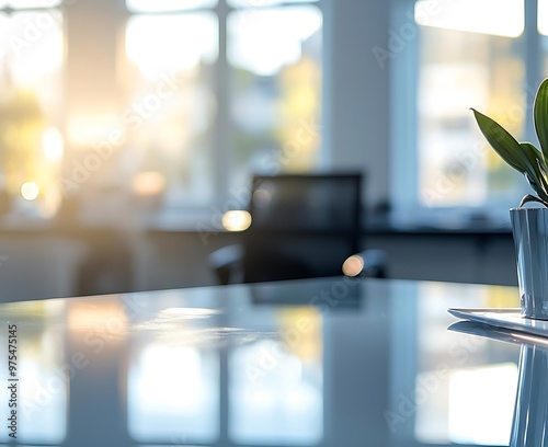 Swedish office design featuring a glass table with Stockholm scene in soft light.