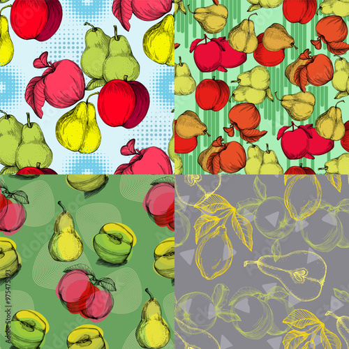 Seamless Pattern with pear and apple. Color sketch style hand drawn background. Detailed illustration, hand drawn. Great for fabric and textile, prints, invitation, packaging.