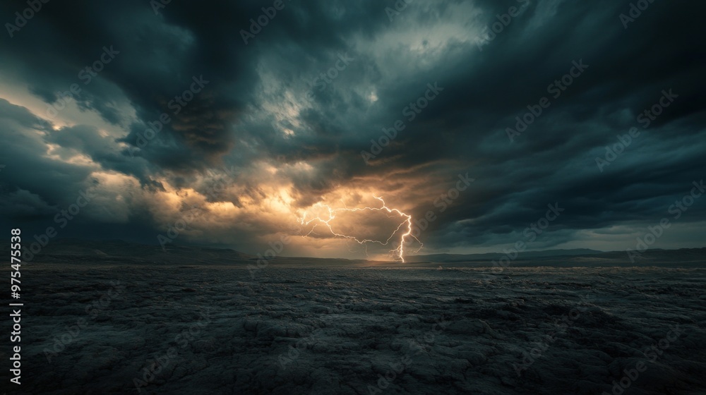Fototapeta premium A stormy sky filled with dark clouds and lightning striking a barren landscape
