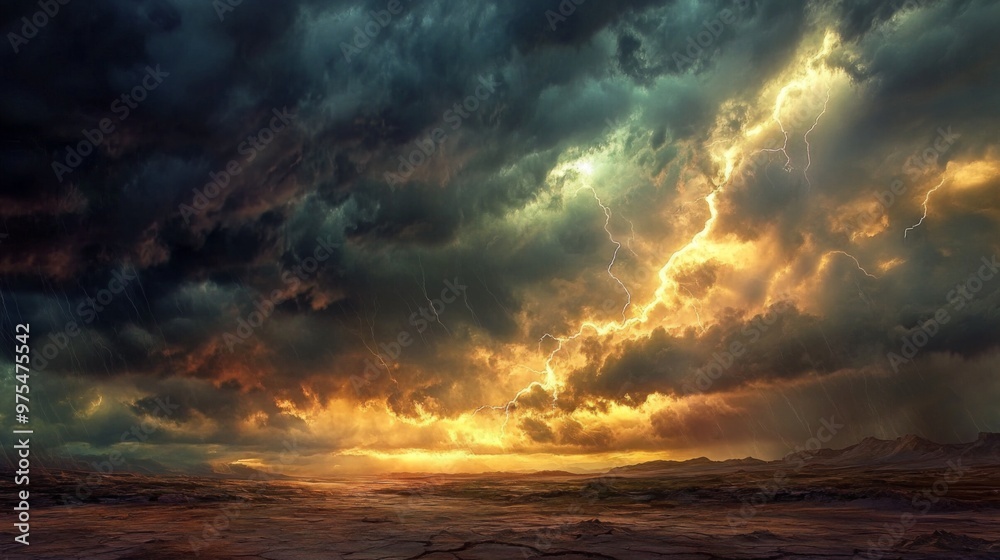 A stormy sky filled with dark clouds and lightning striking a barren landscape A stormy sky filled with dark clouds and lightning striking a barren landscape