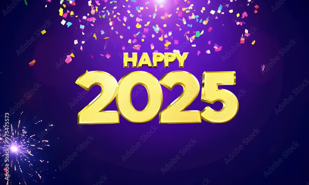 Happy New Year 2025 with falling confetti and vibrant celebration background. Happy New Year 2025 with falling confetti and vibrant celebration background.