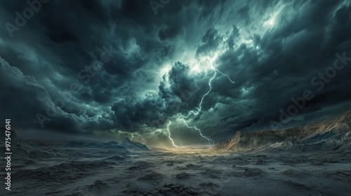 Fototapeta Naklejka Na Ścianę i Meble -  A stormy sky filled with dark clouds and lightning striking a barren landscape
