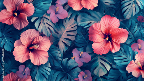 A beautiful pattern with hibiscus flowers, perfect for a tropical Hawaiian vibe. The design is made up of flowers and leaves, creating a natural and abstract background.