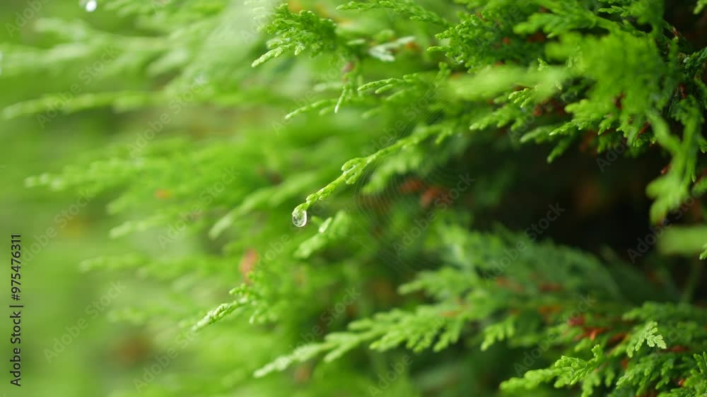 Vibrant green pine needles on a conifer tree with a single dew drop hanging delicately from a needle, accompanied by a faint spider web Vibrant green pine needles on a conifer tree with a single dew drop hanging delicately from a needle, accompanied by a faint spider web