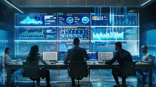 A team of business analysts in a data-driven meeting, large monitors displaying analytics. 32k, full ultra hd, high resolution