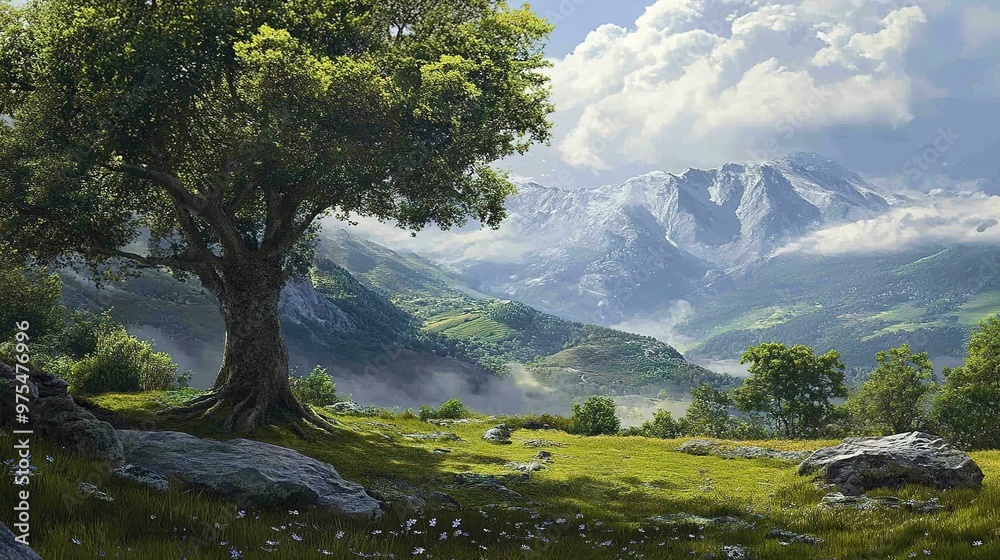 Scenic Landscape Featuring Natural Beauty and Expansive Views. This image captures a broad and captivating scenery, showcasing a harmonious blend of natural elements such as mountains, valleys, forest