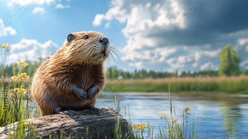 Majestic Beaver on Dam Silhouetted Against Sunny Sky | Copy Space Above for Text | Wildlife in Natural Habitat