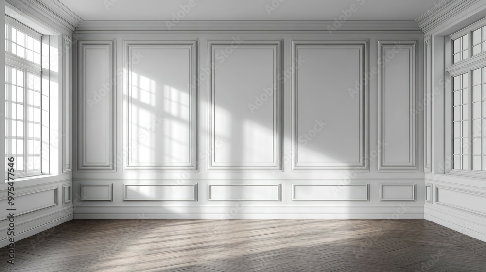 Empty room with white walls and wooden floor, sunlight streaming in through windows. Empty room with white walls and wooden floor, sunlight streaming in through windows.