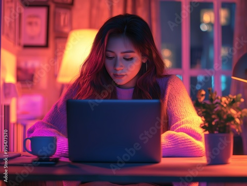 Focused Woman Working Late on Laptop in Cozy Home Office