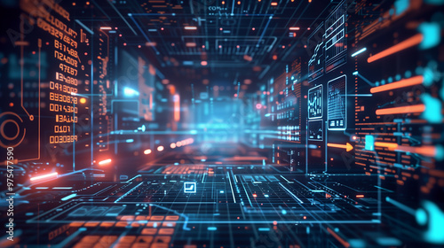 futuristic artificial intelligence based digital business data statistics management technology visualization through virtual display of icons or layers of virtual data layouts