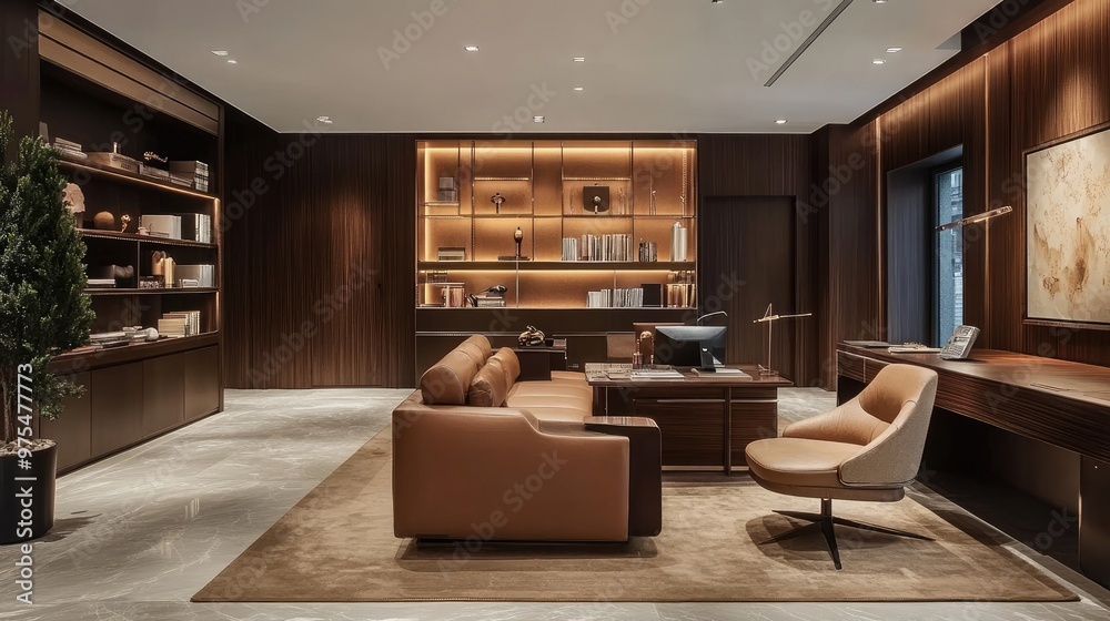 Stylish brown office space with sleek brown furniture, neutral decor, and warm lighting. Stylish brown office space with sleek brown furniture, neutral decor, and warm lighting.