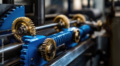 Close-up of a blue and gold gear system with a helical gear in the middle.
