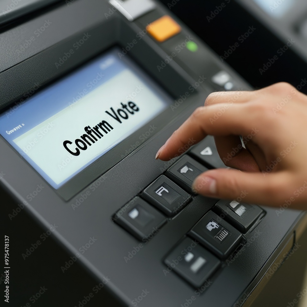 A close-up of a hand pressing the button on a voting machine, symbolizing the act of participating in the electoral process. A close-up of a hand pressing the button on a voting machine, symbolizing the act of participating in the electoral process.