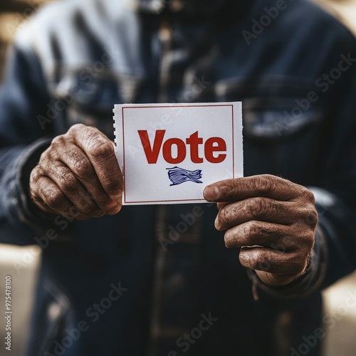 A close-up of a person holding a vote card, symbolizing civic engagement and the importance of participating in elections. photo