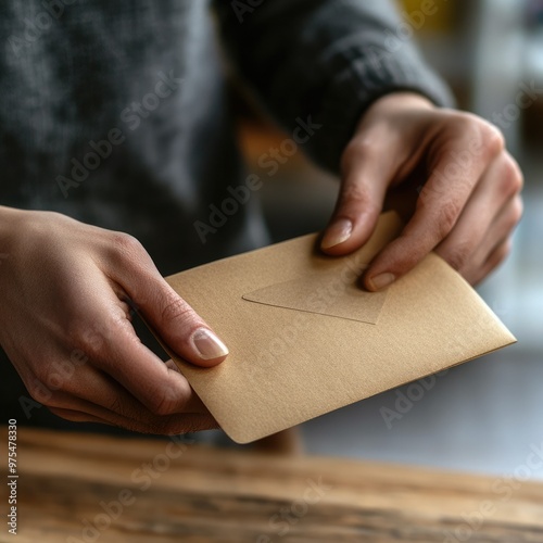 A person holding a brown envelope, preparing to open it. The scene conveys anticipation and communication.