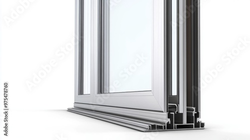 Aluminum profile frames double glazing isolated on white background. PVC metal silver color windows and doors detail cross section photo