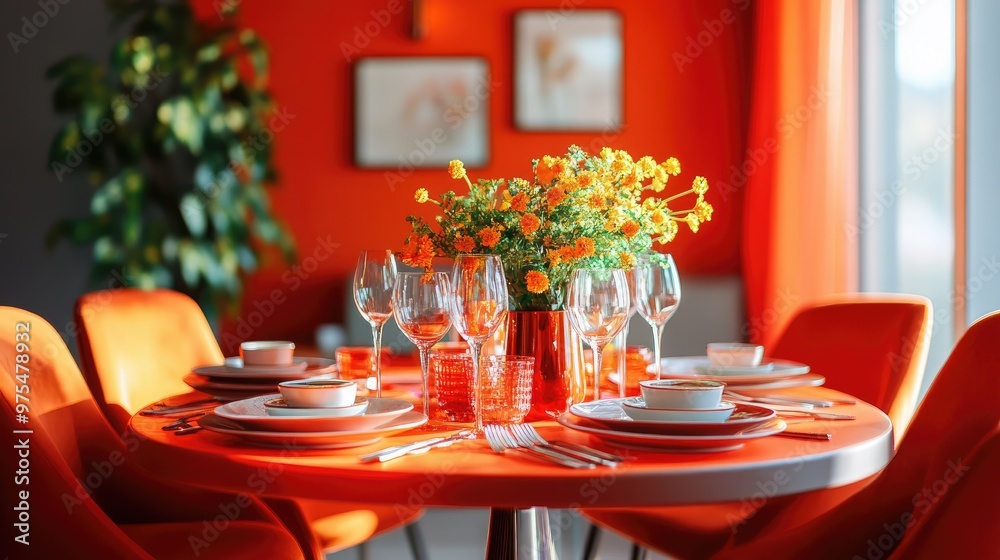 Stylish orange dining room with orange chairs, orange table settings, and bright orange decor accents. Stylish orange dining room with orange chairs, orange table settings, and bright orange decor accents.