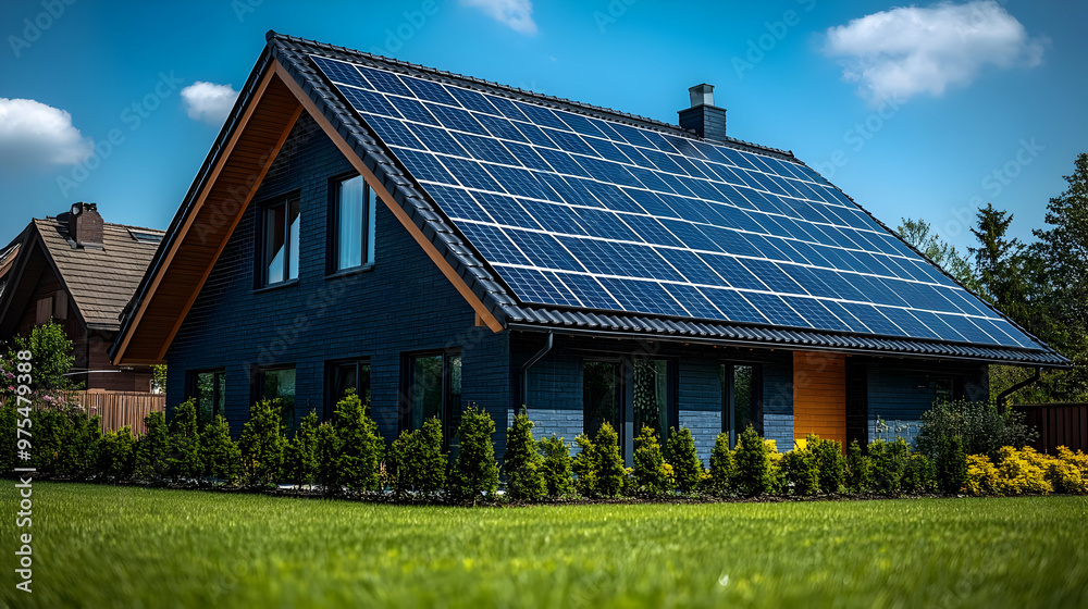 Modern House with Solar Panels on Roof Photo Modern House with Solar Panels on Roof Photo